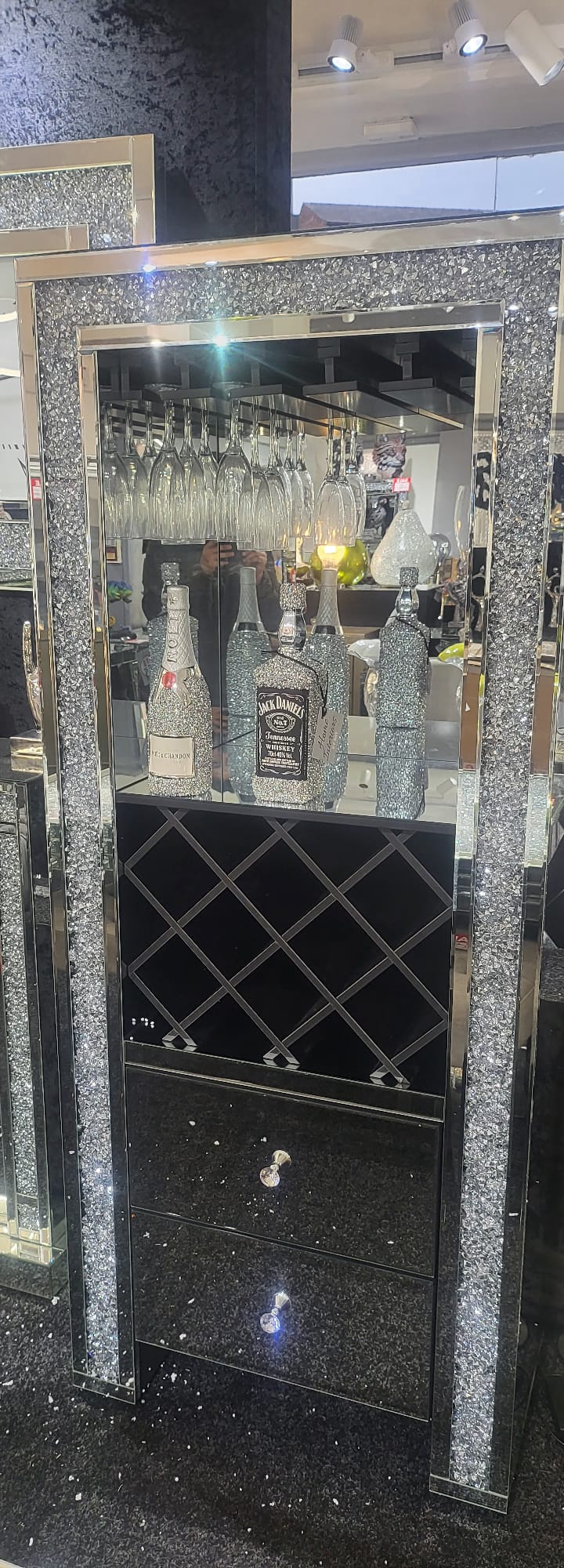 Diamond Crushed Crystal Mirrored Drinks display Cabinet/Bar 180cm x 75cm x 40cm