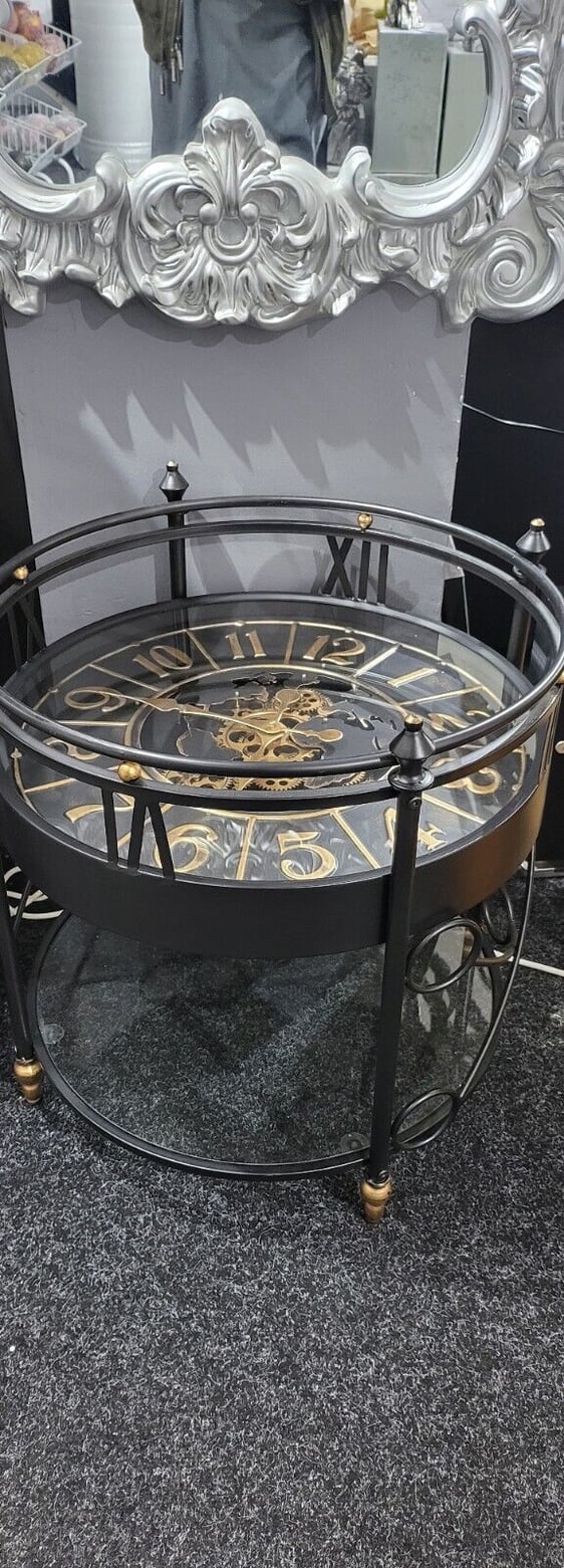 Stunning moving gear clock cog Table Metal Frame Round Coffee Table Clock Face ( Gold )