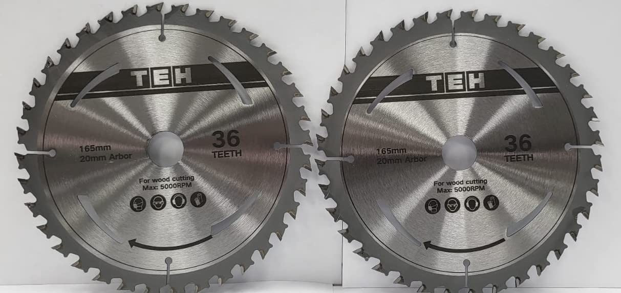 165mm TCT SAW Blade 20mm Arbre x 36T Teeth 5000 RPM Max Wood Cutting fits Evolution Bosch Makita etc (Twin Pack)