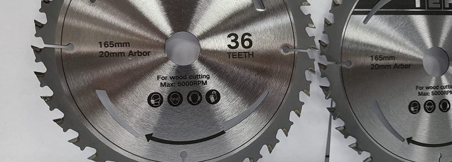 165mm TCT SAW Blade 20mm Arbre x 36T Teeth 5000 RPM Max Wood Cutting fits Evolution Bosch Makita etc (Twin Pack)