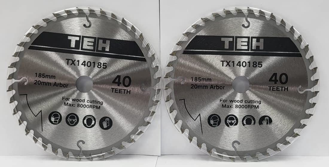 TEH 185mm x 20mm 40t Teeth Wood Cutting TCT Circular Saw Blade Disc fits Evolution Bosch Makita (Twin Pak )