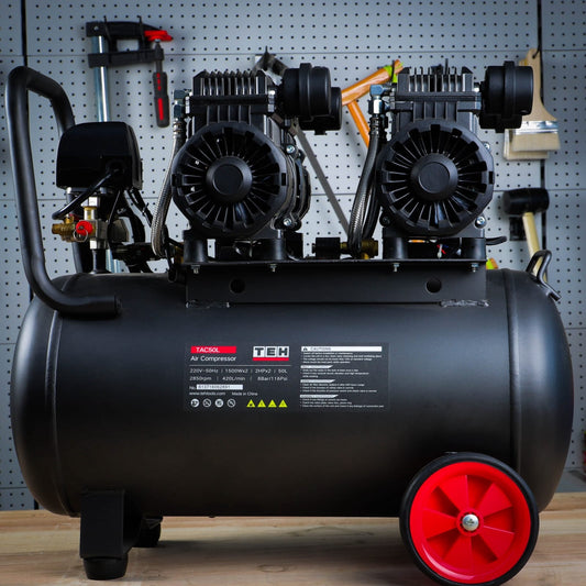 TEH 100% COPPER AIR COMPRESSOR 50L LITRES OIL FREE LOW NOISE 4HP (2x2HP) 1500 X2 Watts 420L/min 8 Bar - 116 PSI TEHTOOLS TAC50L