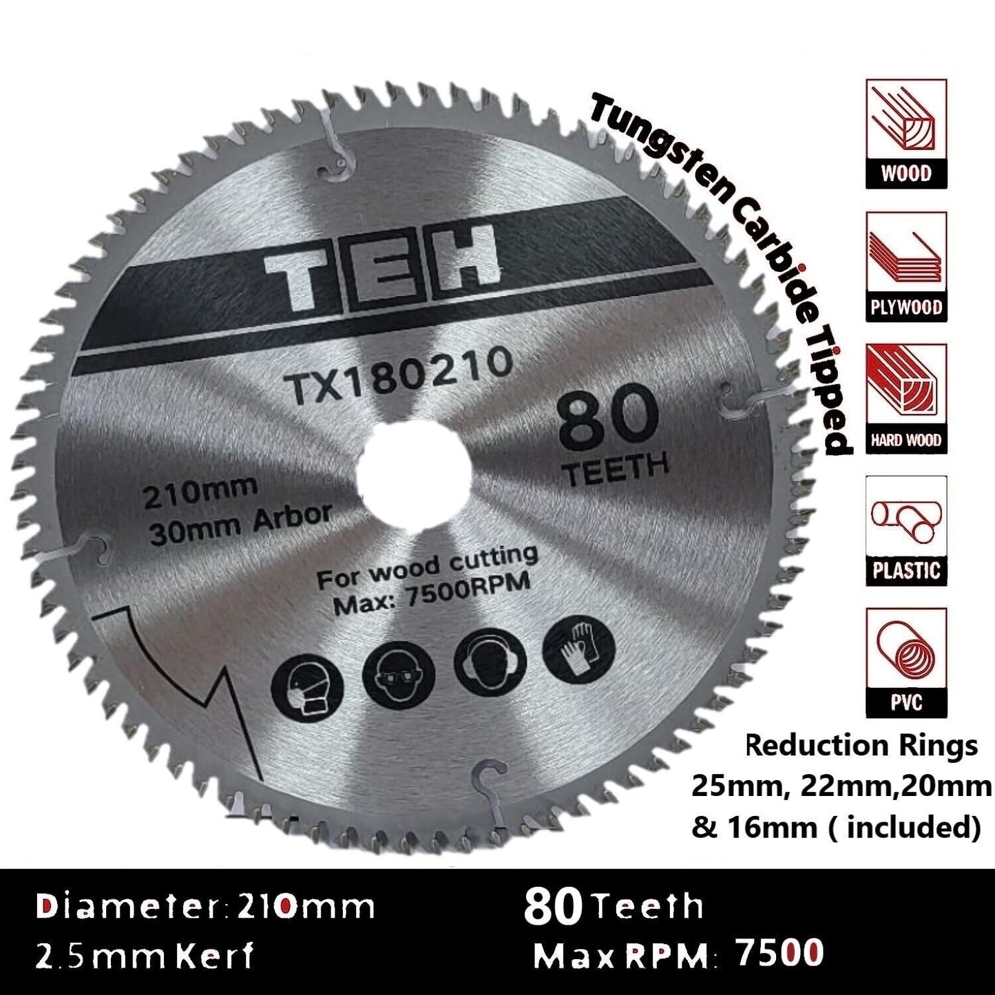 210mm x 80T TCT Circular Wood Blade fits Evolution / Bosch Rage Saws 30mm Bore