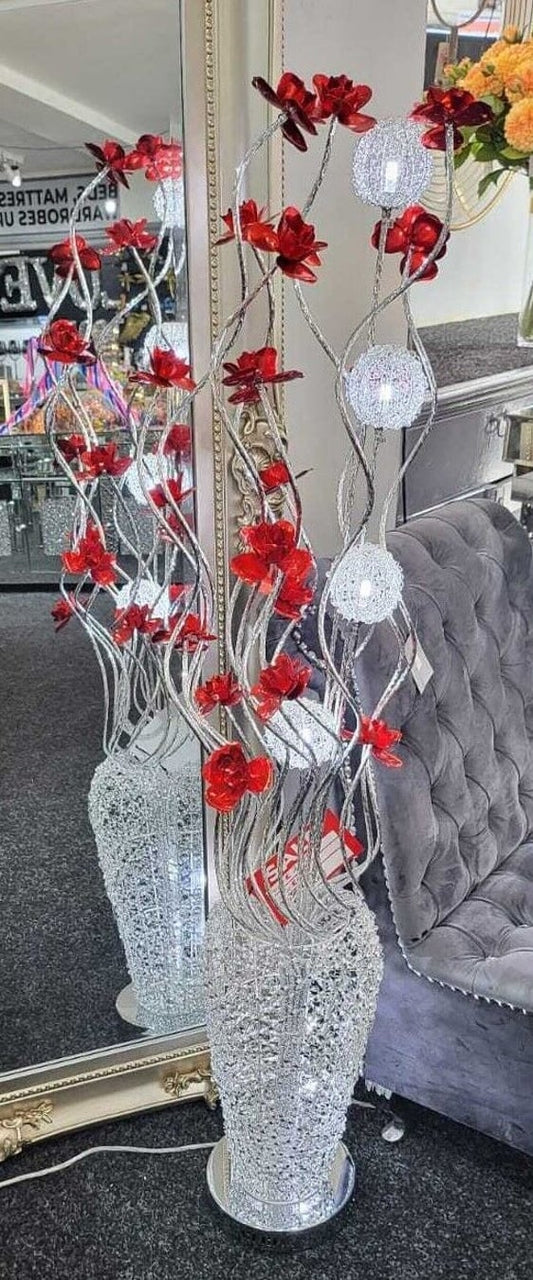 Tall Modern Silver Aluminium Wire LED Floor Lamp Vase Red Flowers