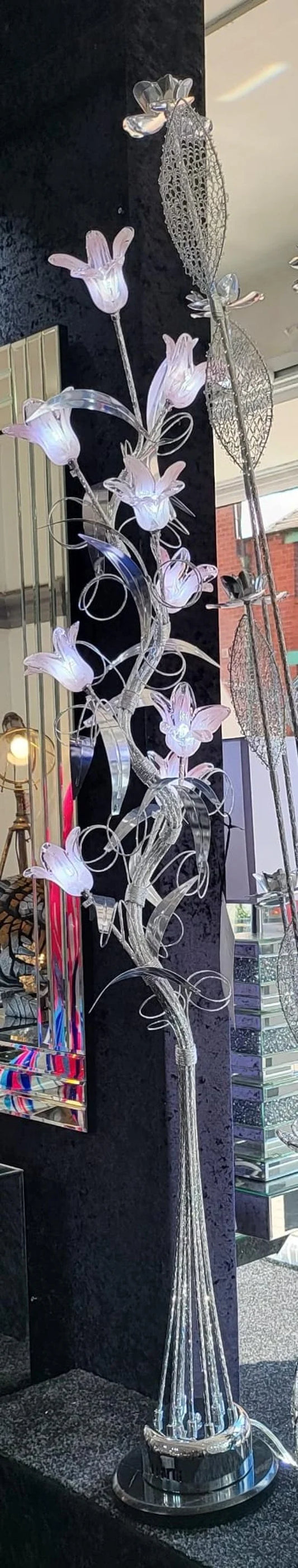 Silver Metal LED Swirl Floor Lamp with Glass Pastel Floral Shades