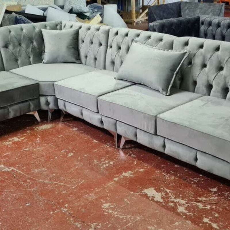 Chesterfield Corner Sofa 5 seater Fabric Grey Plush 200 X 340