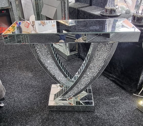 90cm Diamond Crushed Crystal Mirrored Console Table