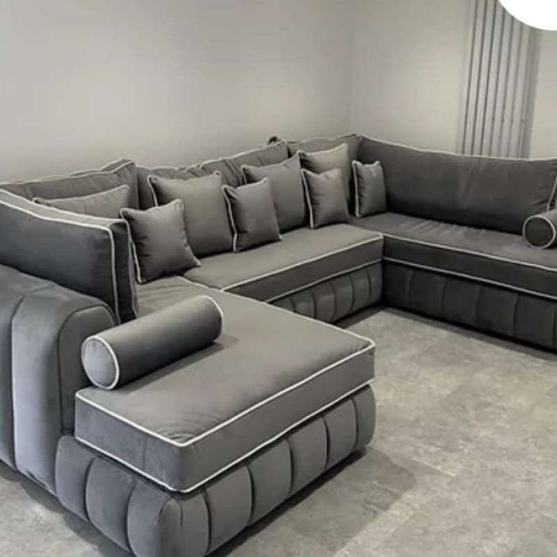 Full Back Ashton Lining Sofa in Grey Plush with Small Cushions