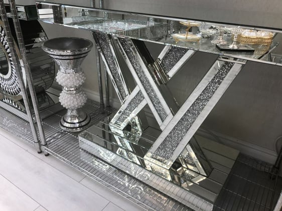 Crystal crush mirror console table with X centre, Stunning mirrored side table