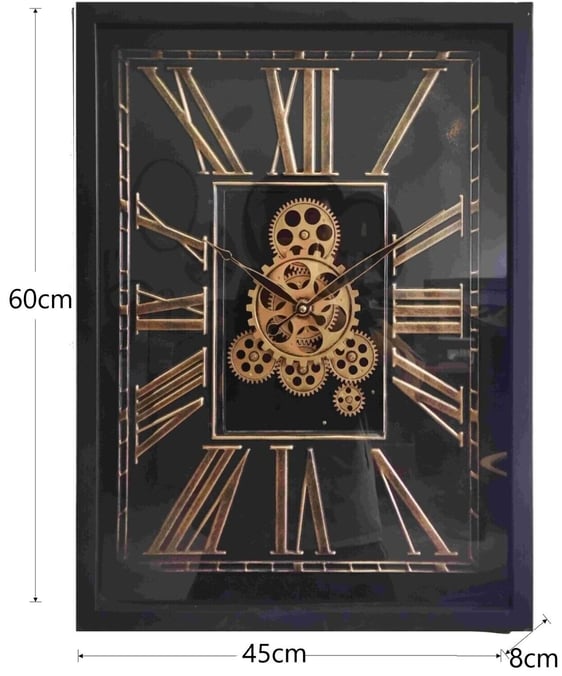 60CM Vintage Wall Clock, Vintage Rectangle Gear Clock with Tempered Glass Roman