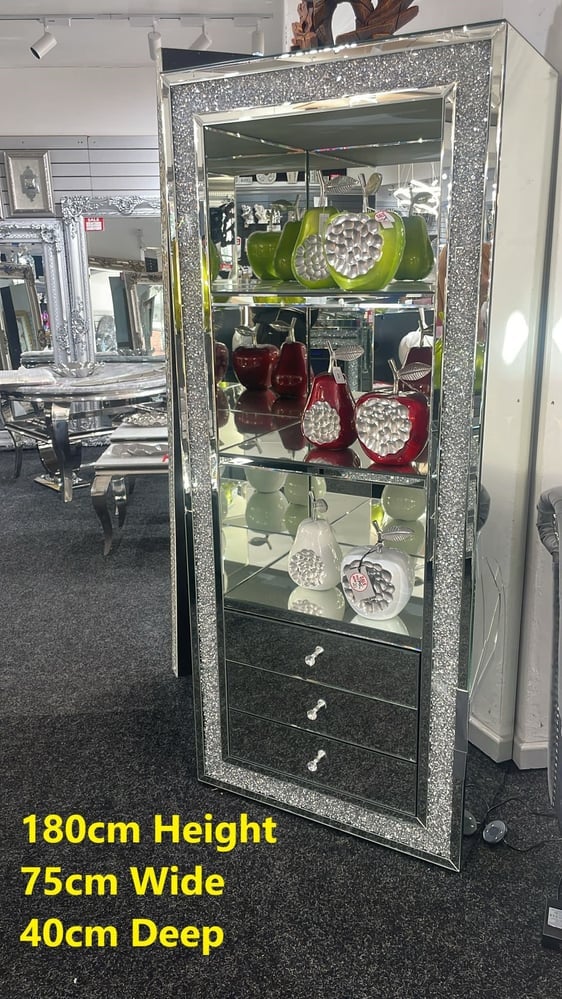 Glamorous Crushed Crystal Mirrored Modern Home Ornate Diamond Display Cabinet 180cm x 75cm