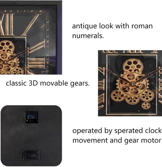 60CM Vintage Wall Clock, Vintage Rectangle Gear Clock with Tempered Glass Roman