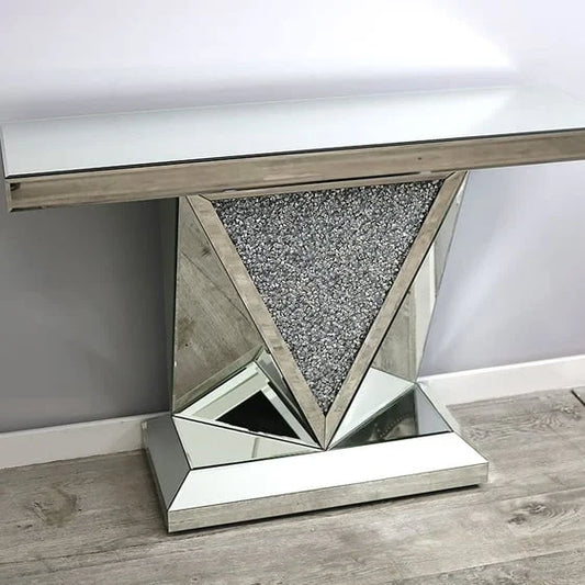 Diamond Crush Mirrored Glass Triangle Console Table 120CM