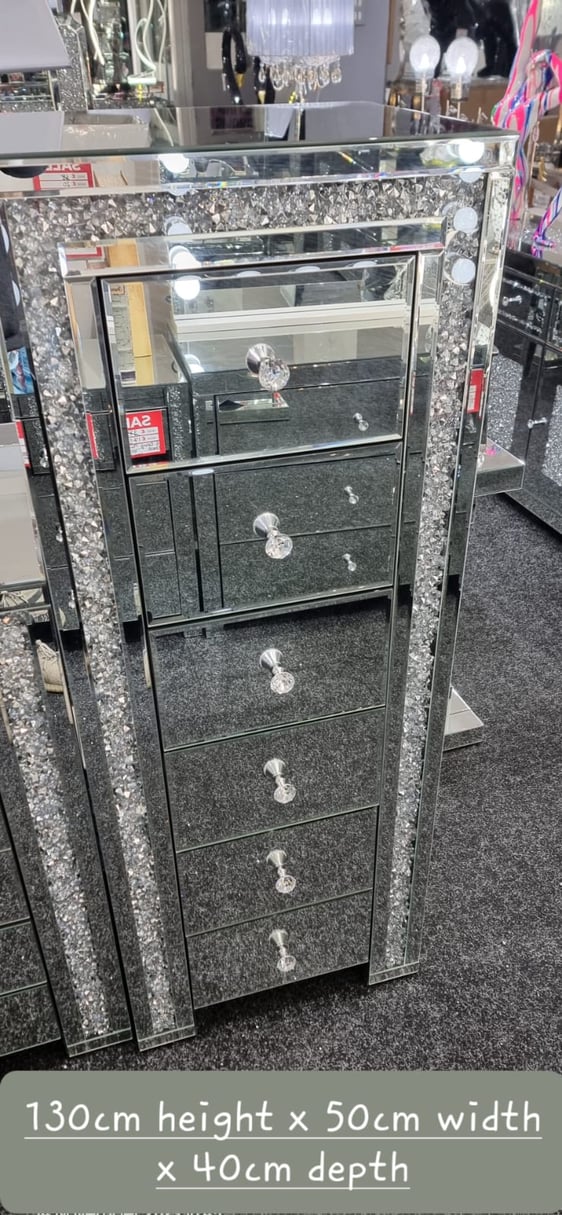 Mirrored Crushed Crystal Diamond Bedside Cabinet End Table Tallboy & Chester Draw's