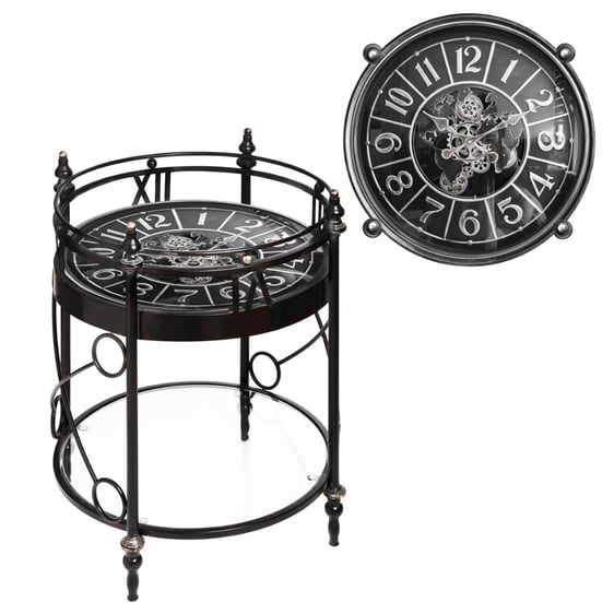 Stunning moving gear clock cog Table Metal Frame Round Coffee Table Clock Face ( Silver )