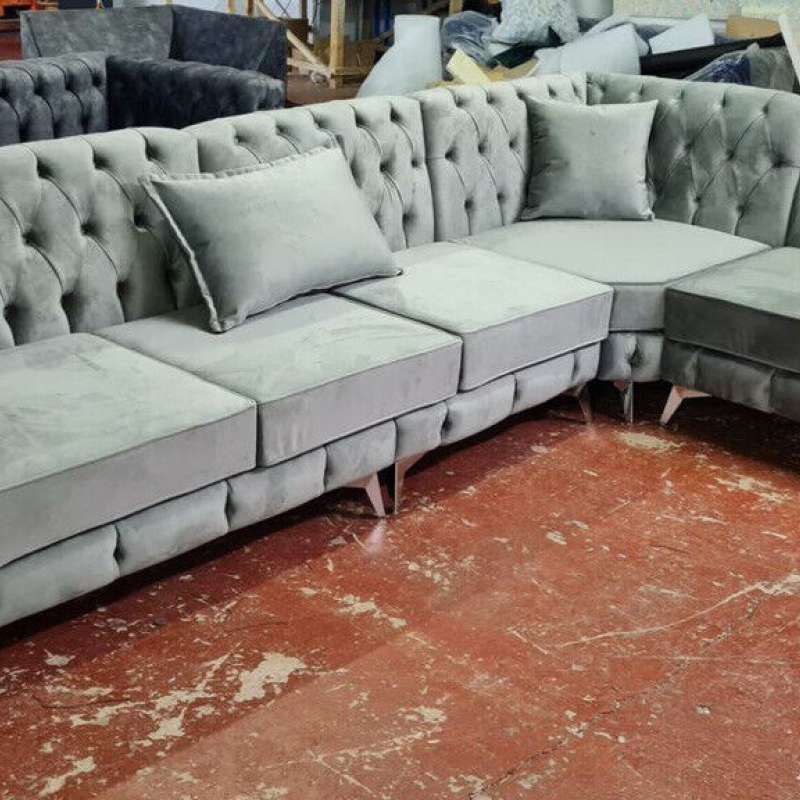 Chesterfield Corner Sofa 5 seater Fabric Grey Plush 200 X 340