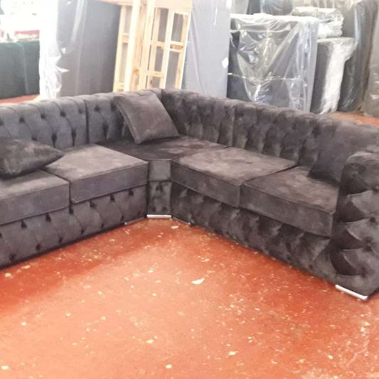 Ashton full chesterfield Back Corner sofa Fabric. Marble gunmetal.